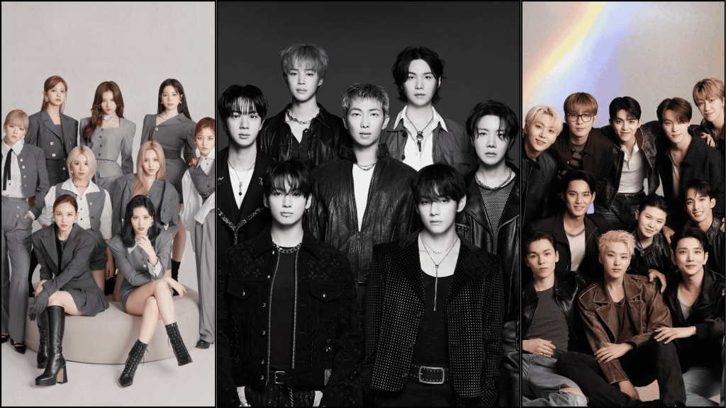 Popular K-pop groups posing together in a stylish promotional image