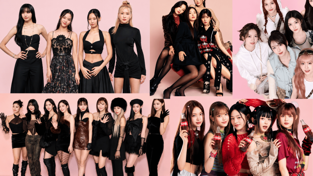 collage of popular kpop girl groups posing in stylish outfits on pastel backgroundscollage of popular kpop girl groups posing in stylish outfits on pastel backgrounds