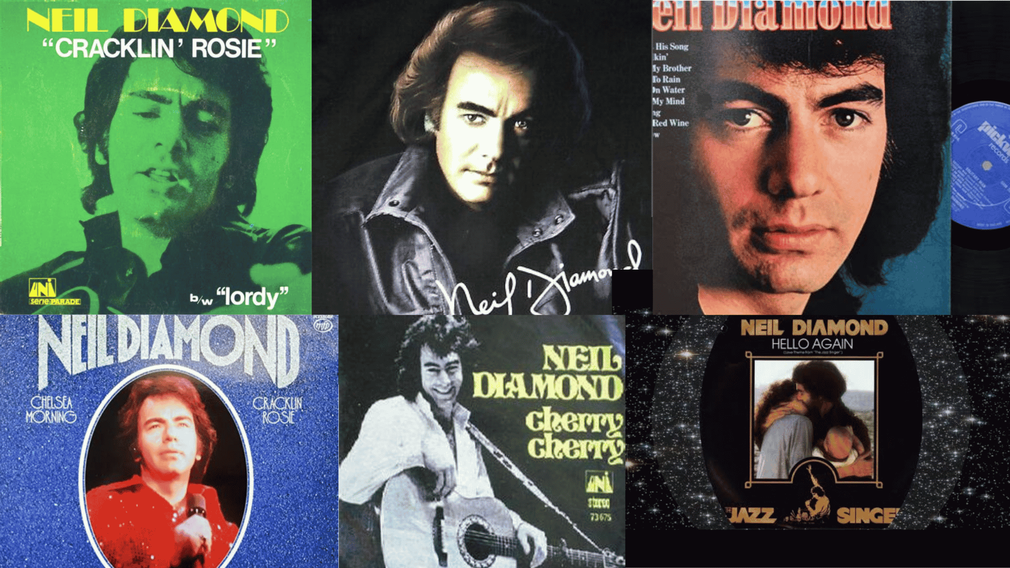 Collage of six vintage Neil Diamond album and single record cover artworks