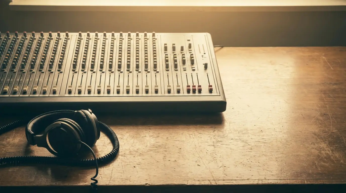 Audio mixing console and headphones on wooden desk in warm sunlight