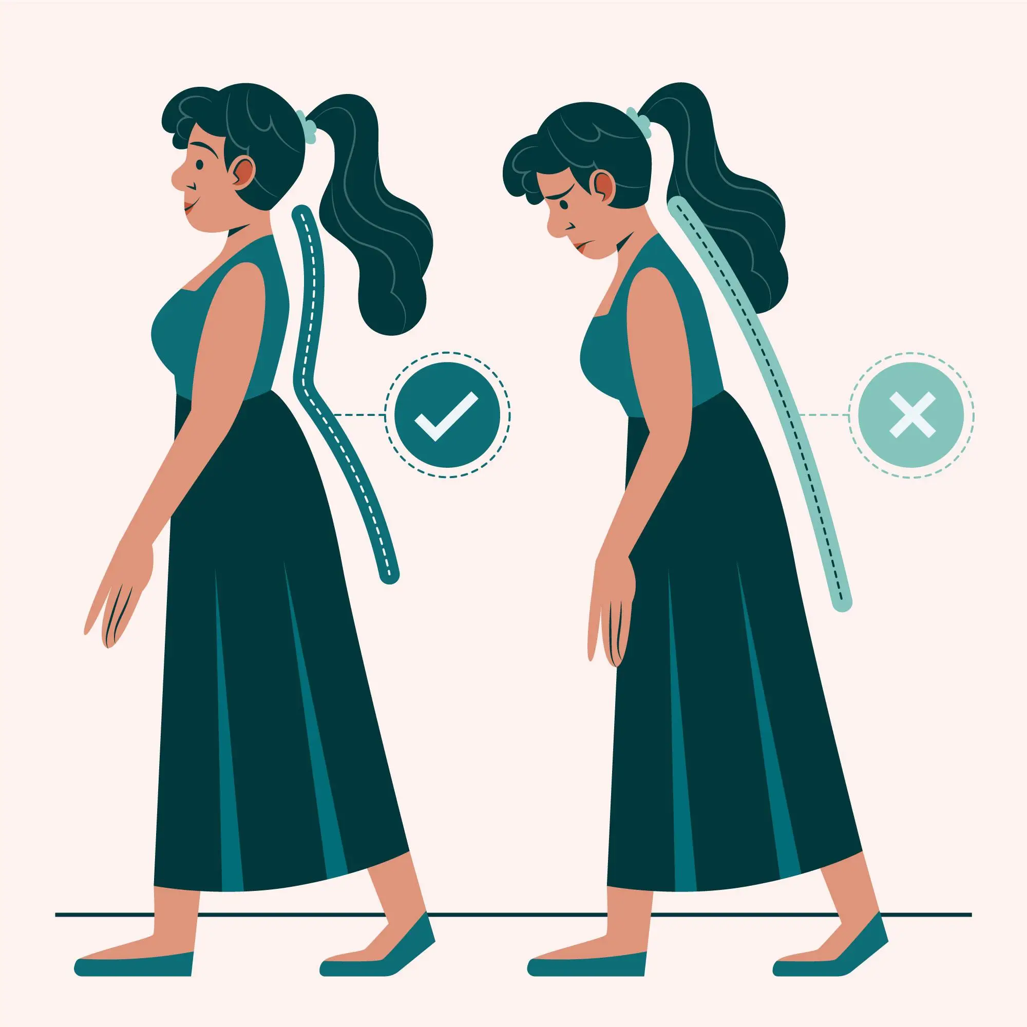 Illustration of a woman demonstrating correct and incorrect posture side by side