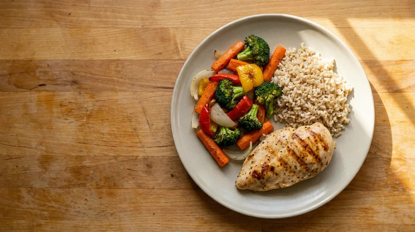 Grilled chicken with brown rice and roasted vegetables on a white plate on wooden table
