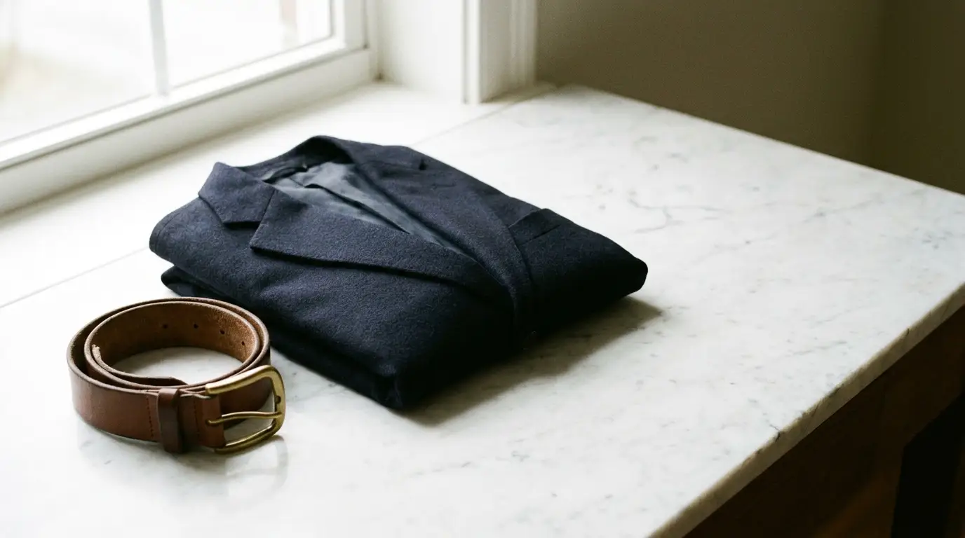 Folded black blazer and brown leather belt on marble countertop near window