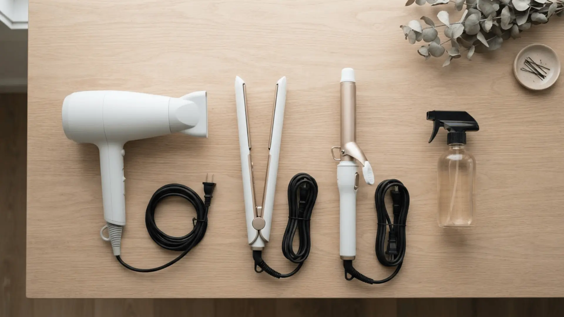 hair dryer flat iron curling iron spray bottle and power cords arranged neatly on a light wooden table