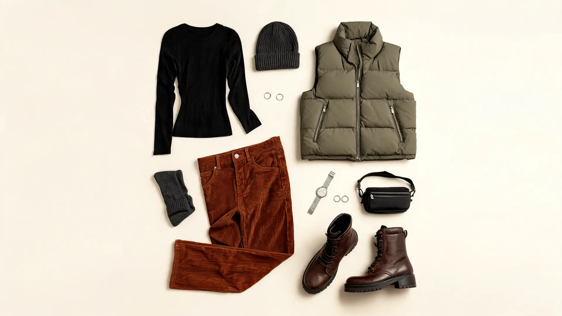 fitted long sleeve top puffer vest corduroy pants lace up boots and beanie in a flat lay outfit board