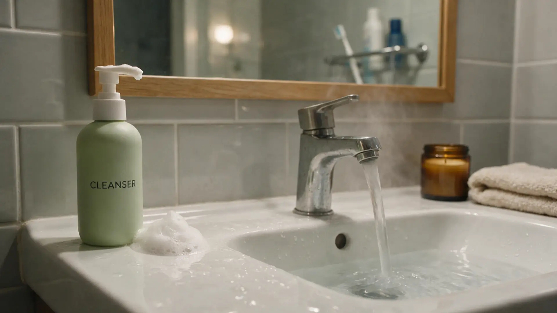 pump cleanser bottle with foam beside a running bathroom tap with light steam