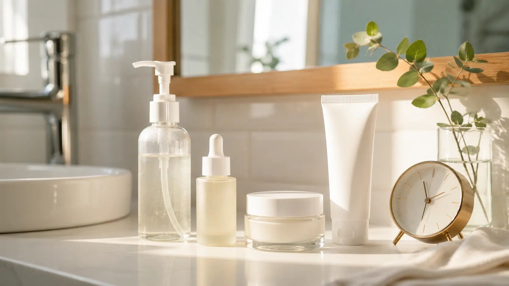 cleanser serum moisturizer sunscreen and a small clock arranged on a sunlit bathroom counter