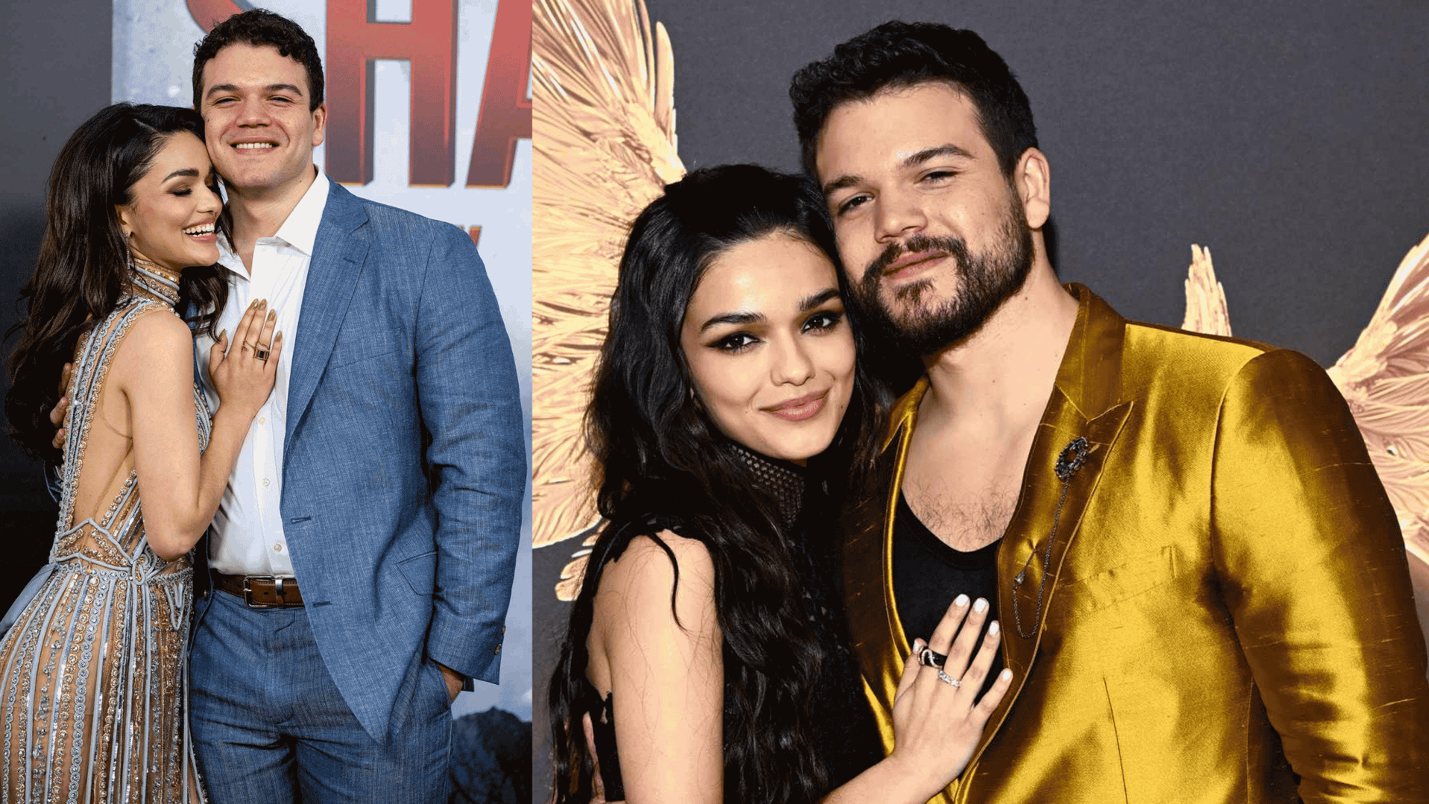 Woman and man posing together at two red carpet events in formal outfits