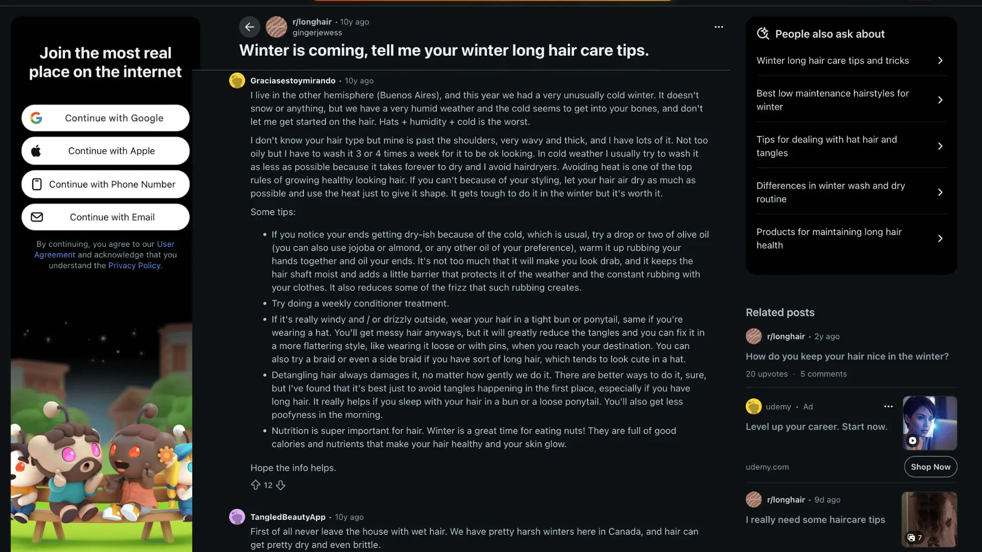 dark mode reddit post about winter long hair care tips with detailed comments and related links on the side