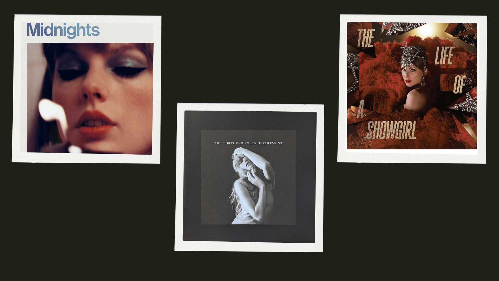 shake It Off, Red, and Reputation covers displayed on a black backdrop.