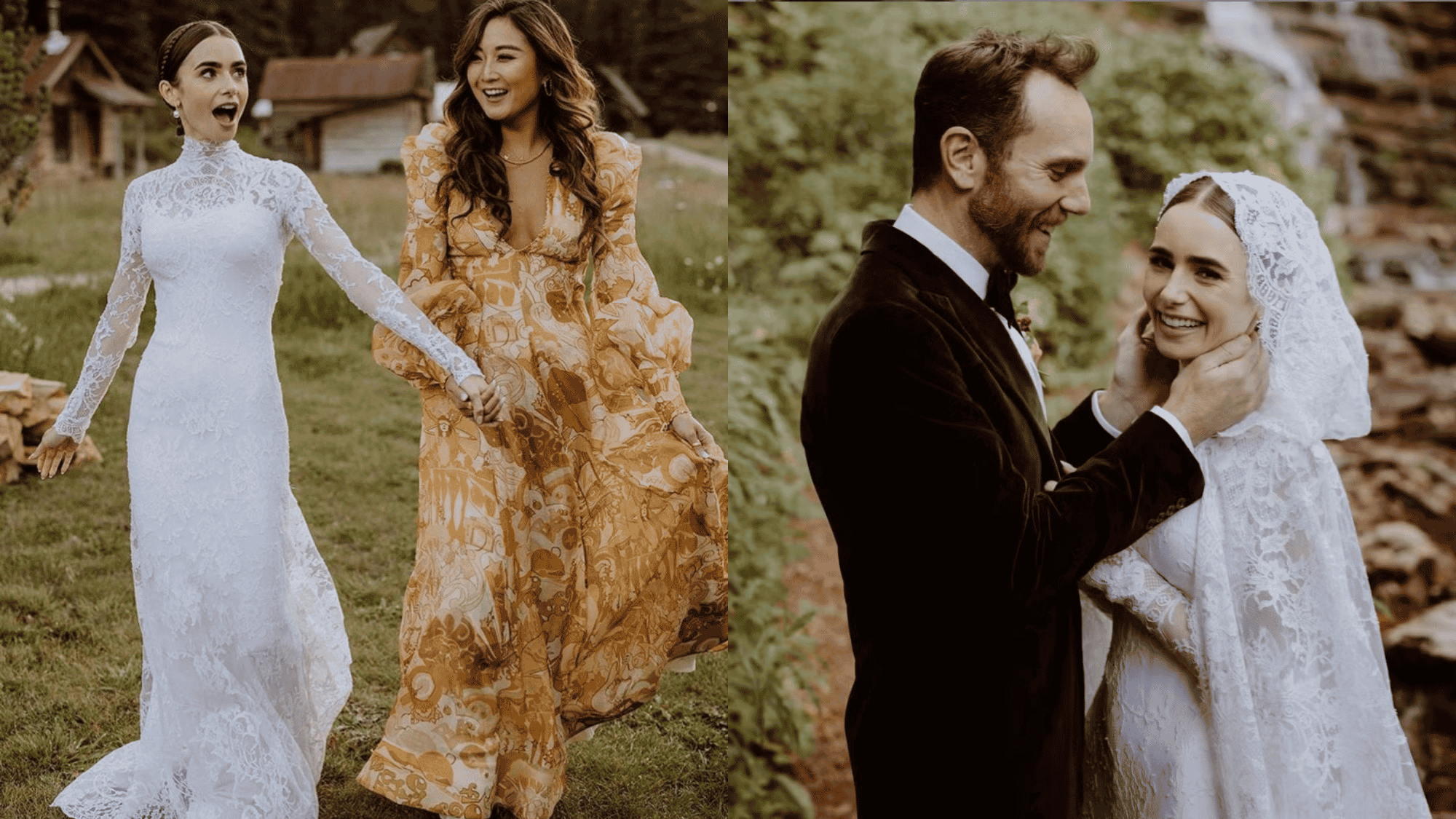 Lily Collins shares joyful wedding moments with friends and Charlie McDowell in her lace bridal gown.
