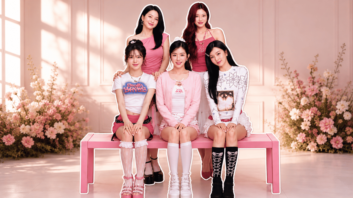 Red Velvet members posing in a pastel pink floral studio settingRed Velvet members posing in a pastel pink floral studio setting