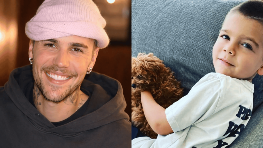 Side-by-side collage of Justin Bieber and Reign Disick photos.
