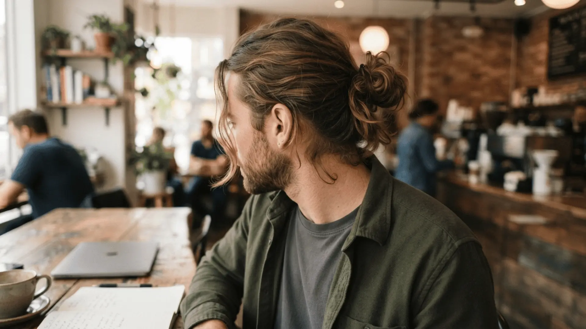 man with hair tied in a loose bun sits at a cafe table beside a laptop notebook and cup while looking away