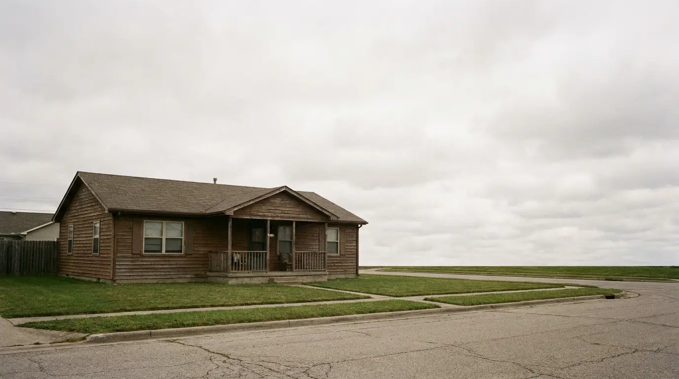 Wooden house with small porch on empty suburban street under cloudy sky