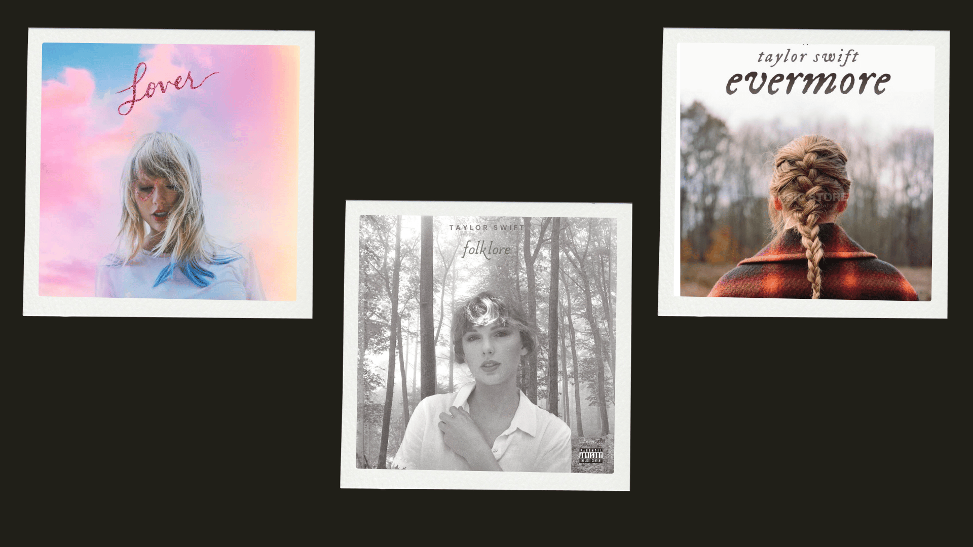 Lover, Folklore, and Evermore album covers arranged on a dark background.