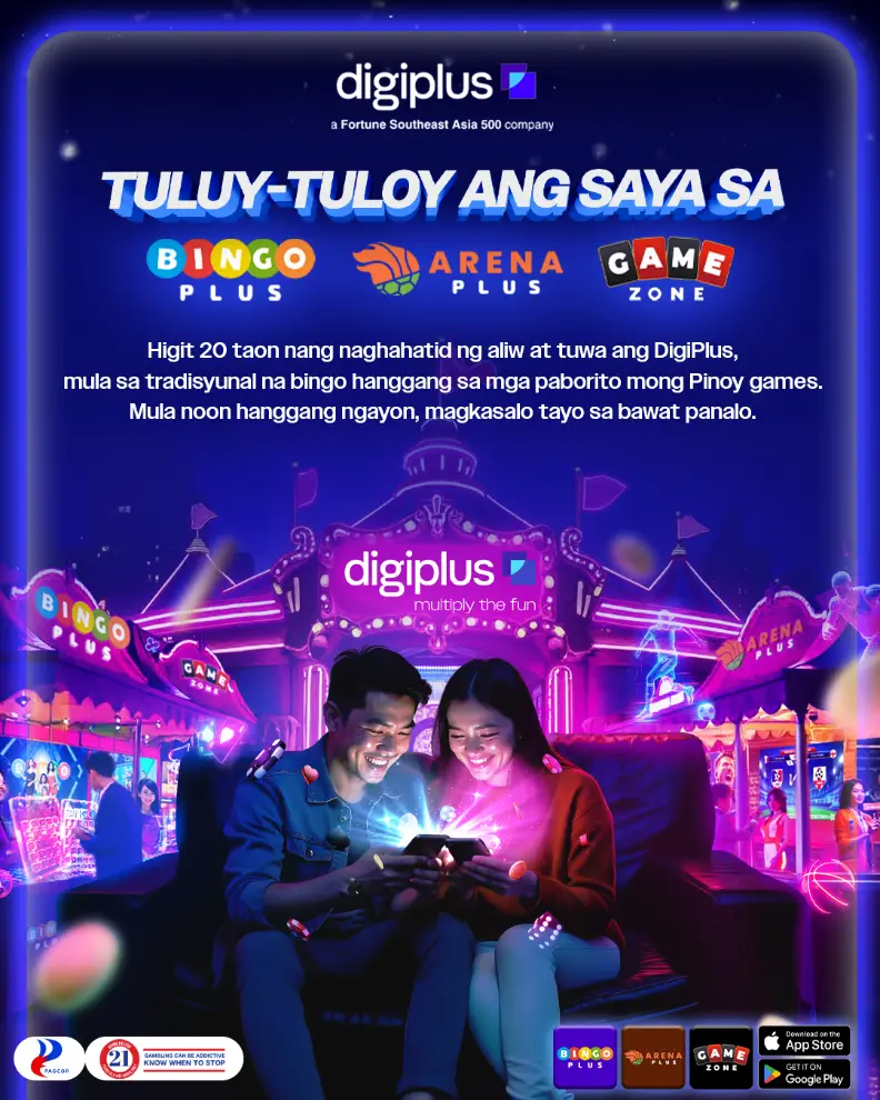 Couple using smartphones in vibrant neon-lit gaming arcade setting