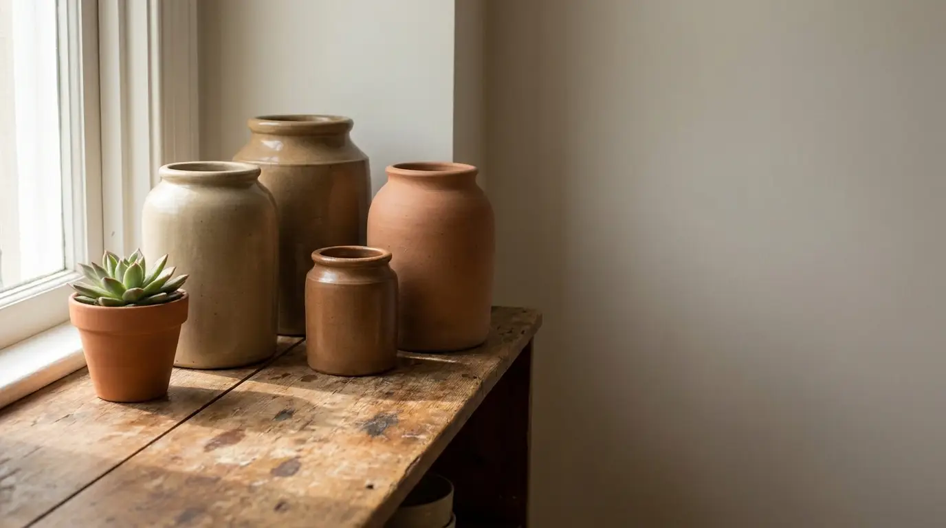Terracotta jars and small succulent on wooden table near window in natural light