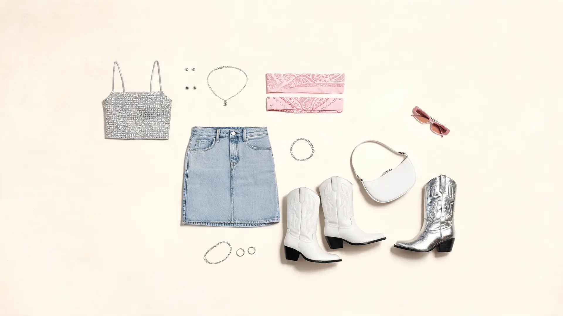 rhinestone crop top light wash denim shorts white cowboy boots and bandana in a flat lay outfit board
