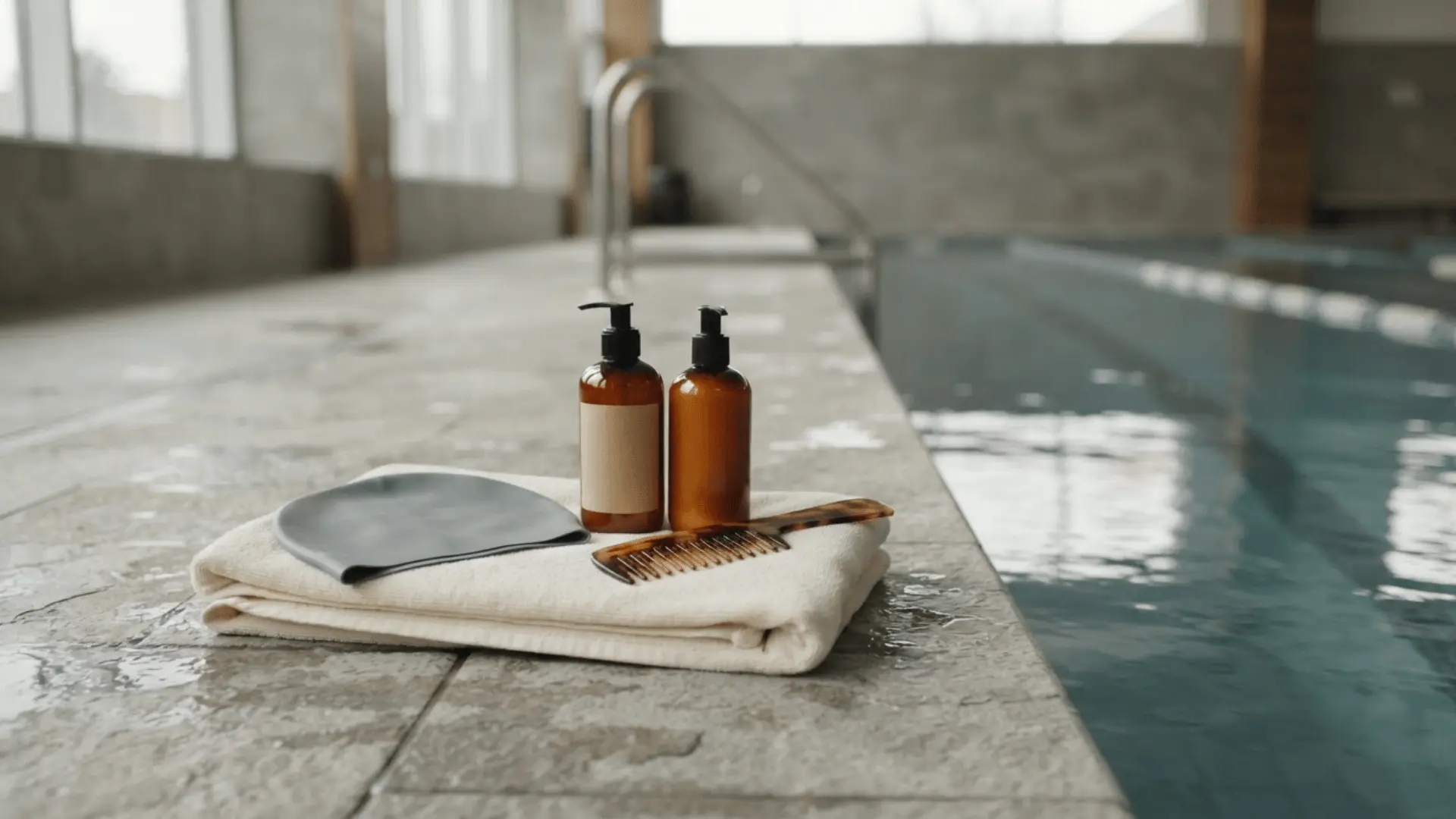 two amber pump bottles comb and black applicator mat arranged on a folded towel beside an indoor swimming pool