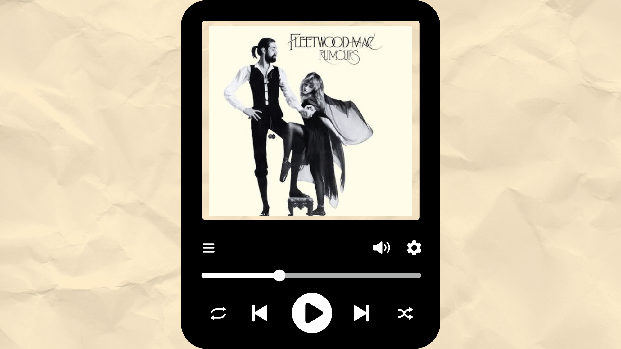 Fleetwood Mac members on the Rumours album cover in black-and-white styling.