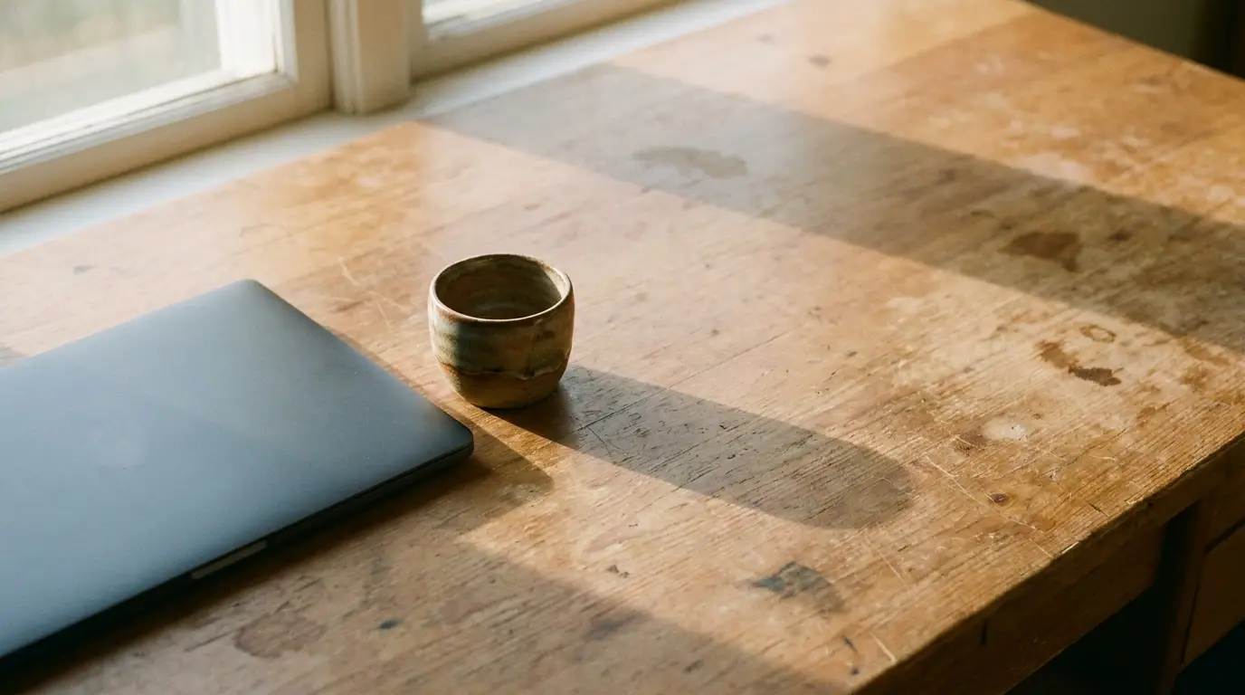 Laptop and ceramic cup on a sunlit wooden desk near a window
