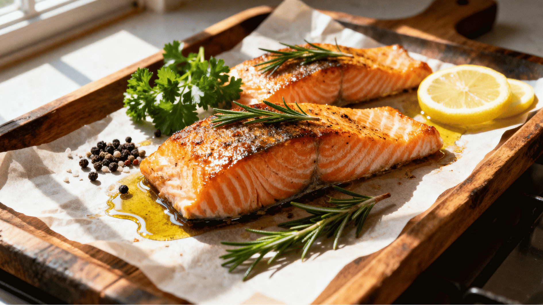 baked salmon fillets with herbs lemon slices and golden crust served on parchment paper in a rustic kitchen setting