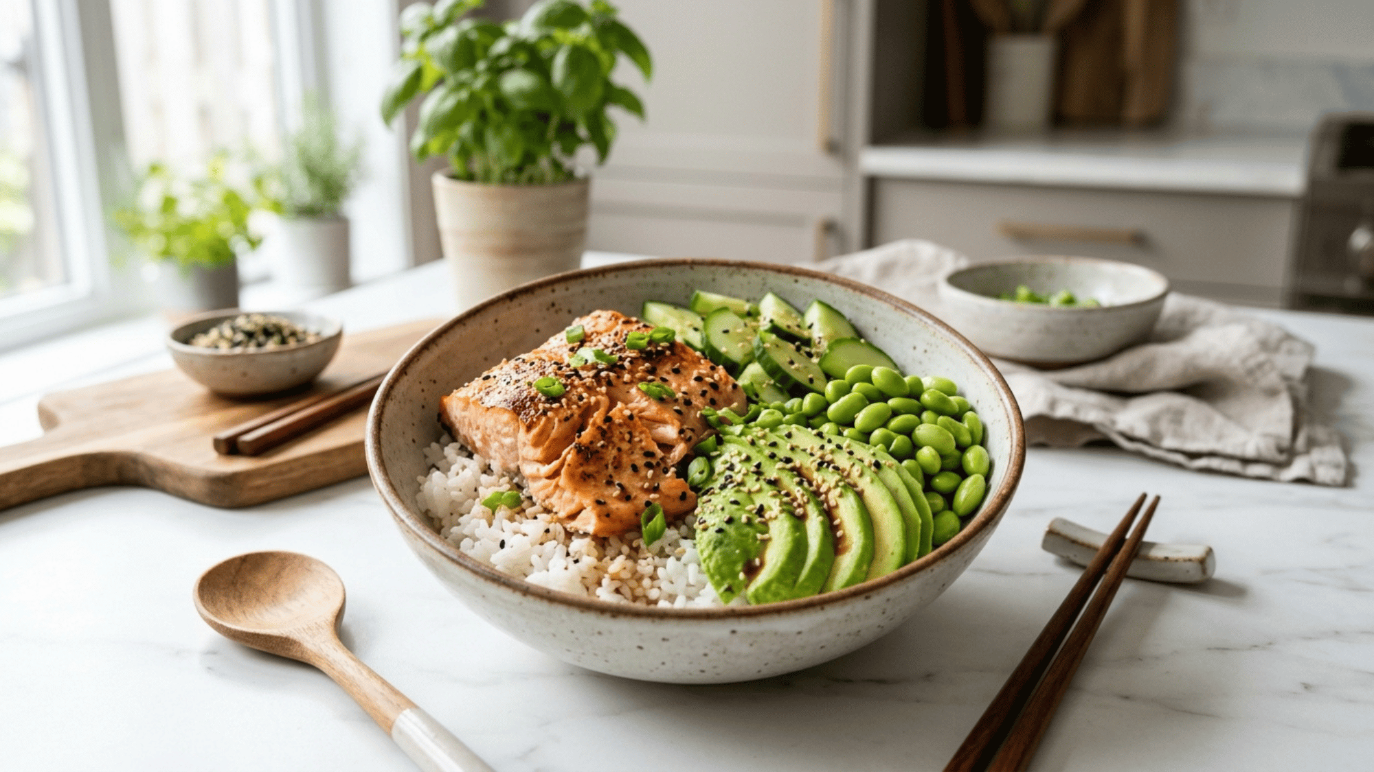 salmon rice bowl with avocado cucumber