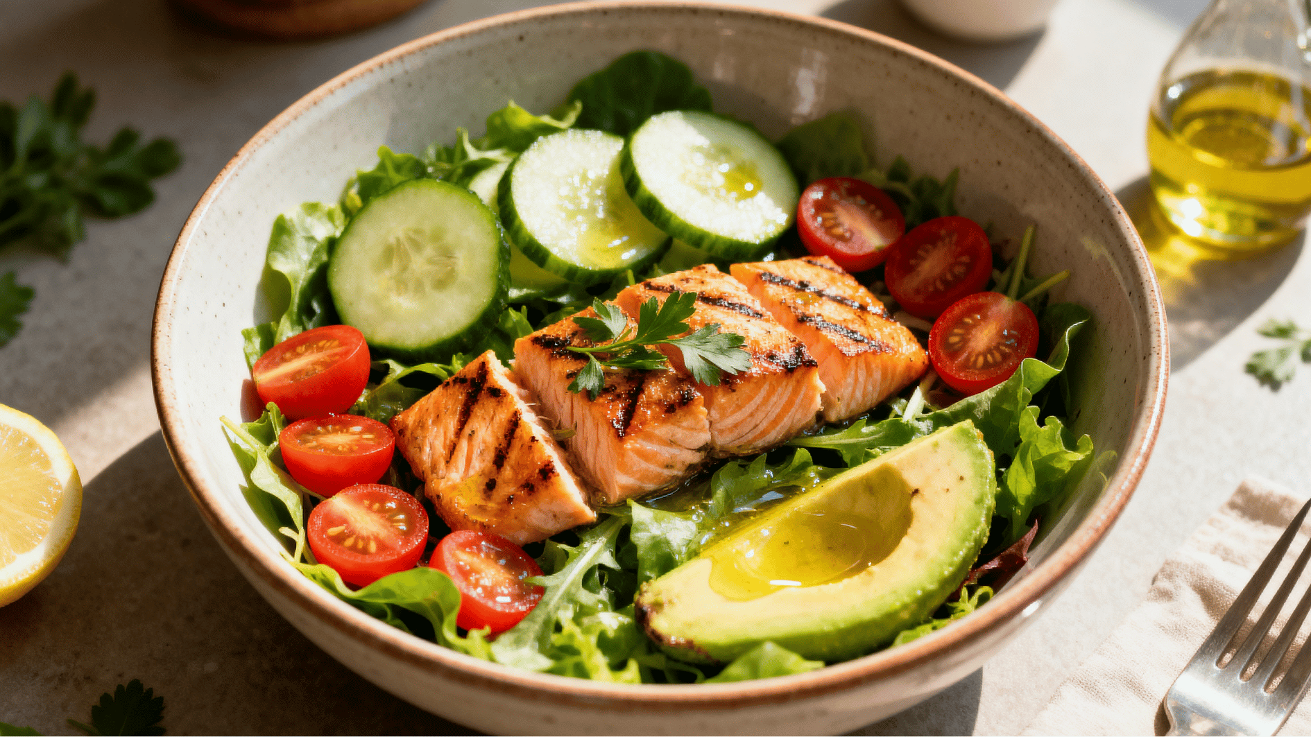 fresh salmon salad with leafy greens cucumber tomatoes avocado and lemon dressing served in a bowl as a healthy meal