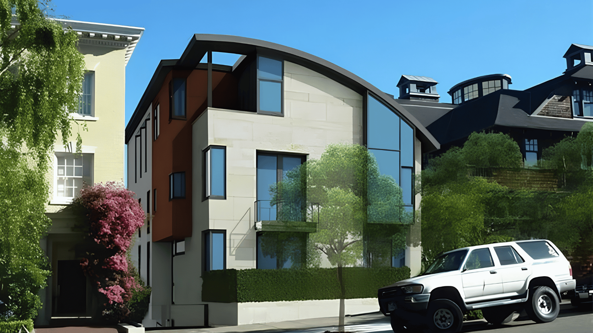 san francisco mansion with curved roof and parked car