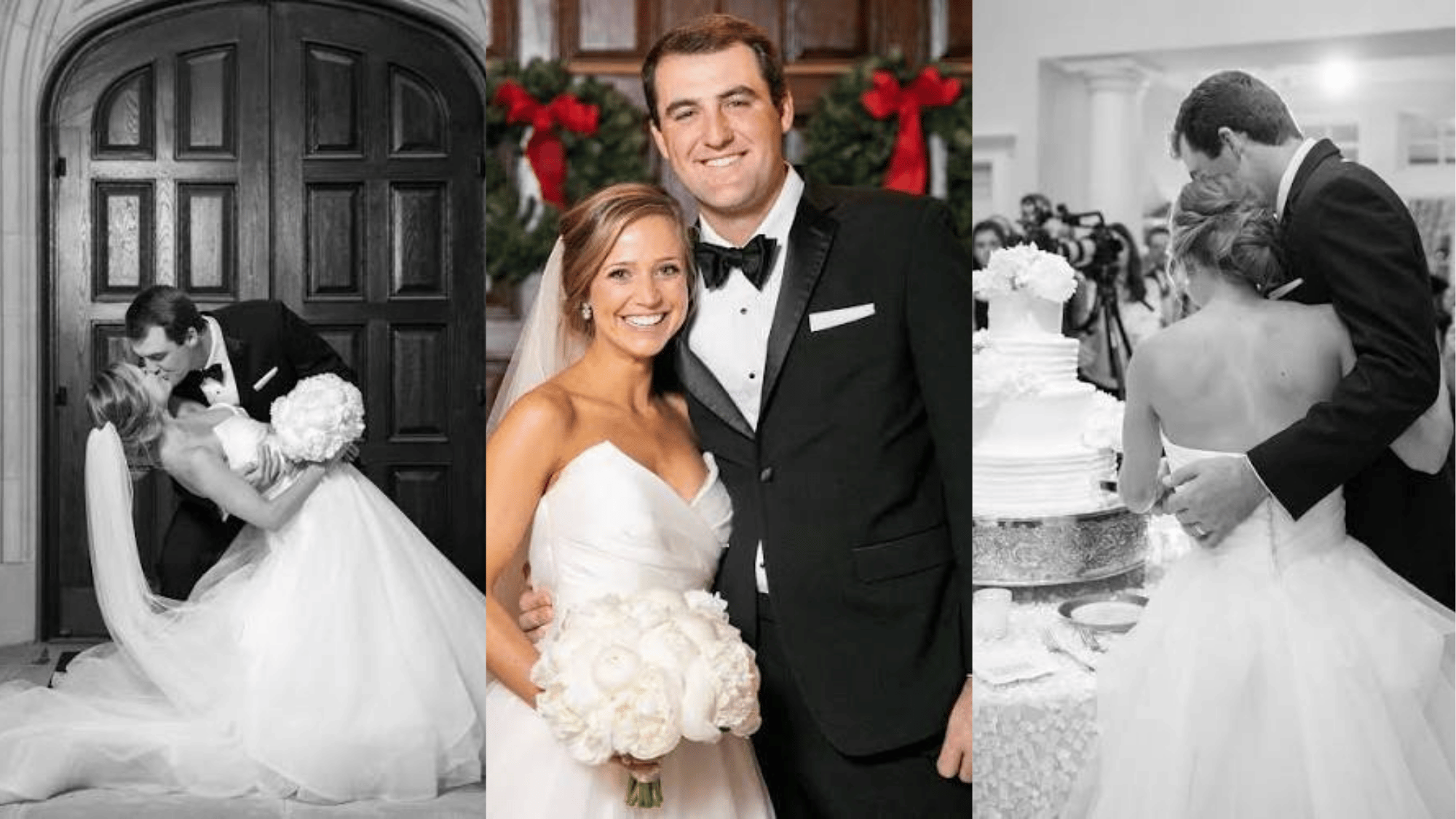 scottie scheffler and meredith scudder in a wedding photo collage showing sweet romantic moments together