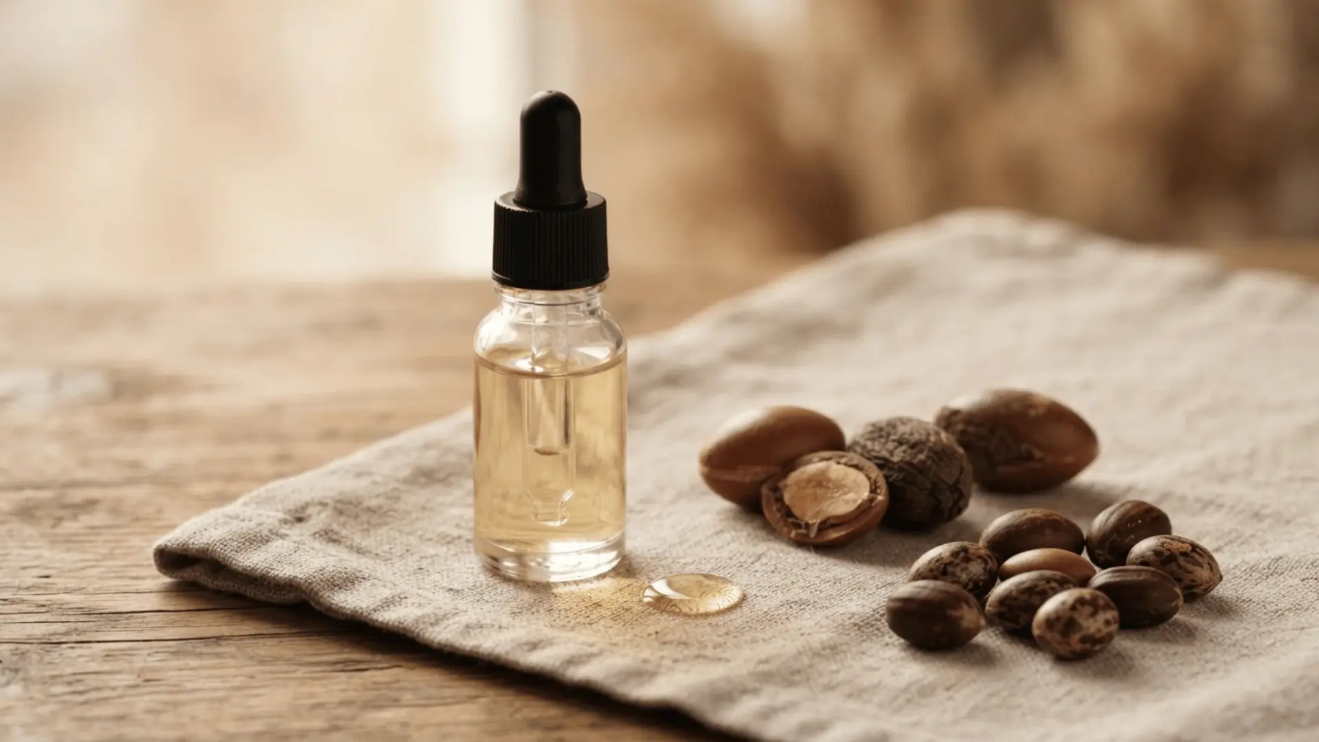 glass dropper bottle filled with golden oil beside mixed nuts on a linen cloth over a wooden table