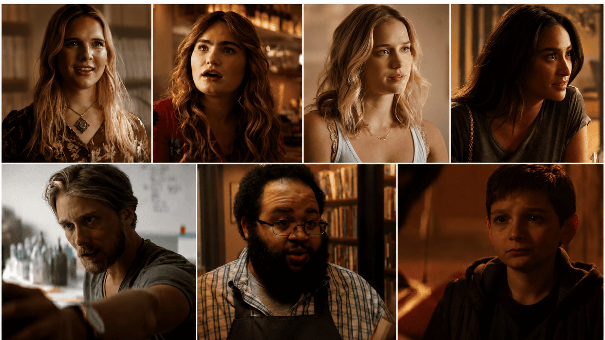 Seven You season 1 cast members in a warm cinematic collage