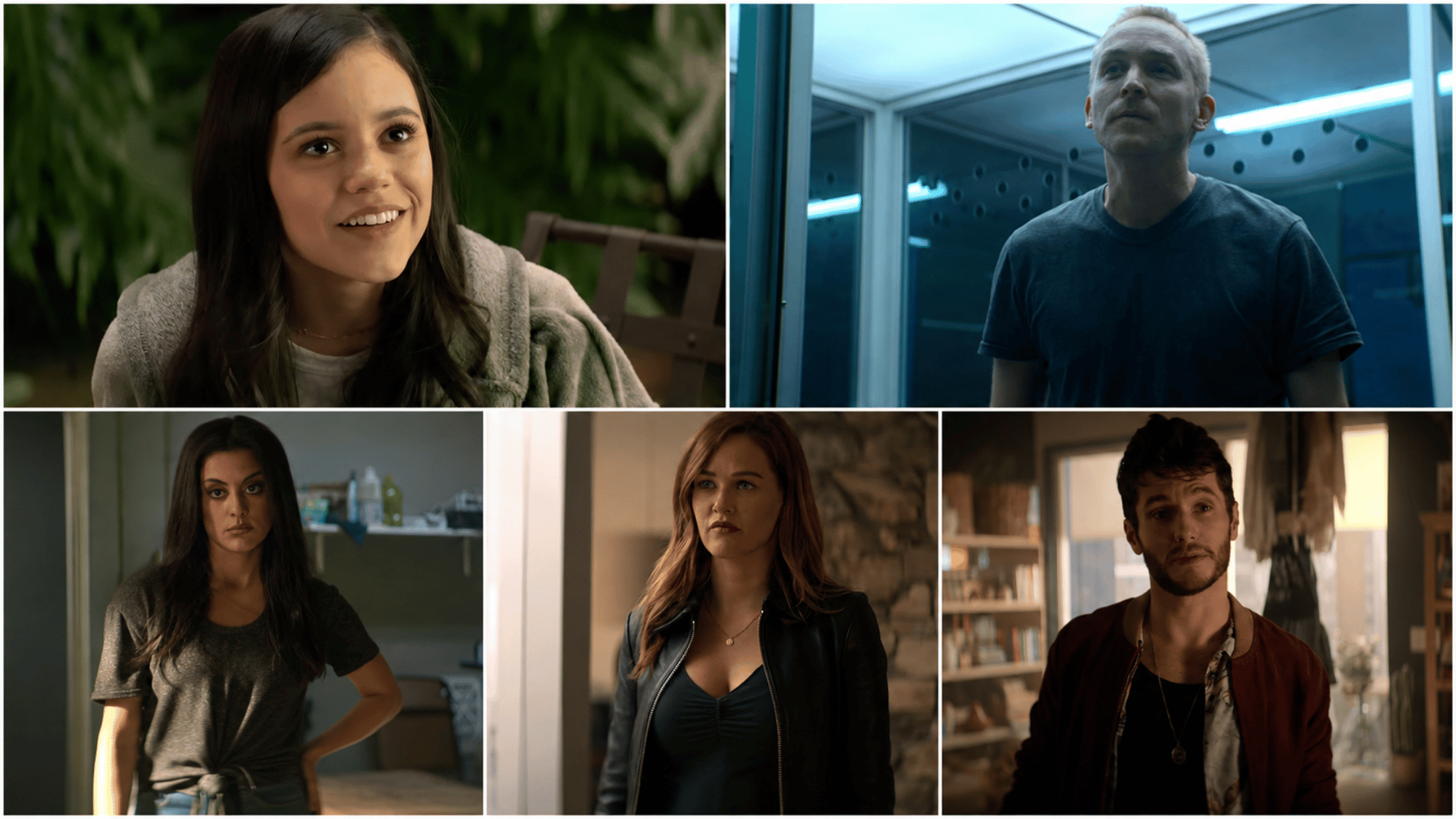 Five-panel collage of You Season 2 supporting cast members in LA-set scenes