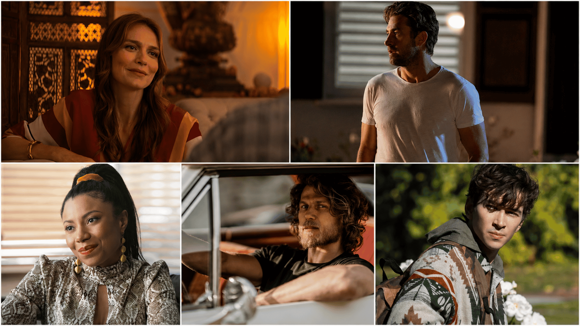 Five-panel collage of You Season 3 cast members in Madre Linda suburban scenes