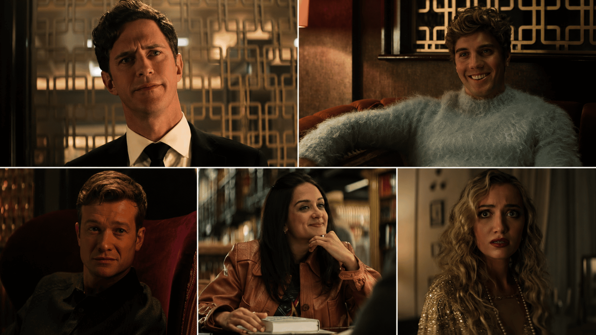 Five-panel collage of You Season 4 cast members in London-set scenes from the show