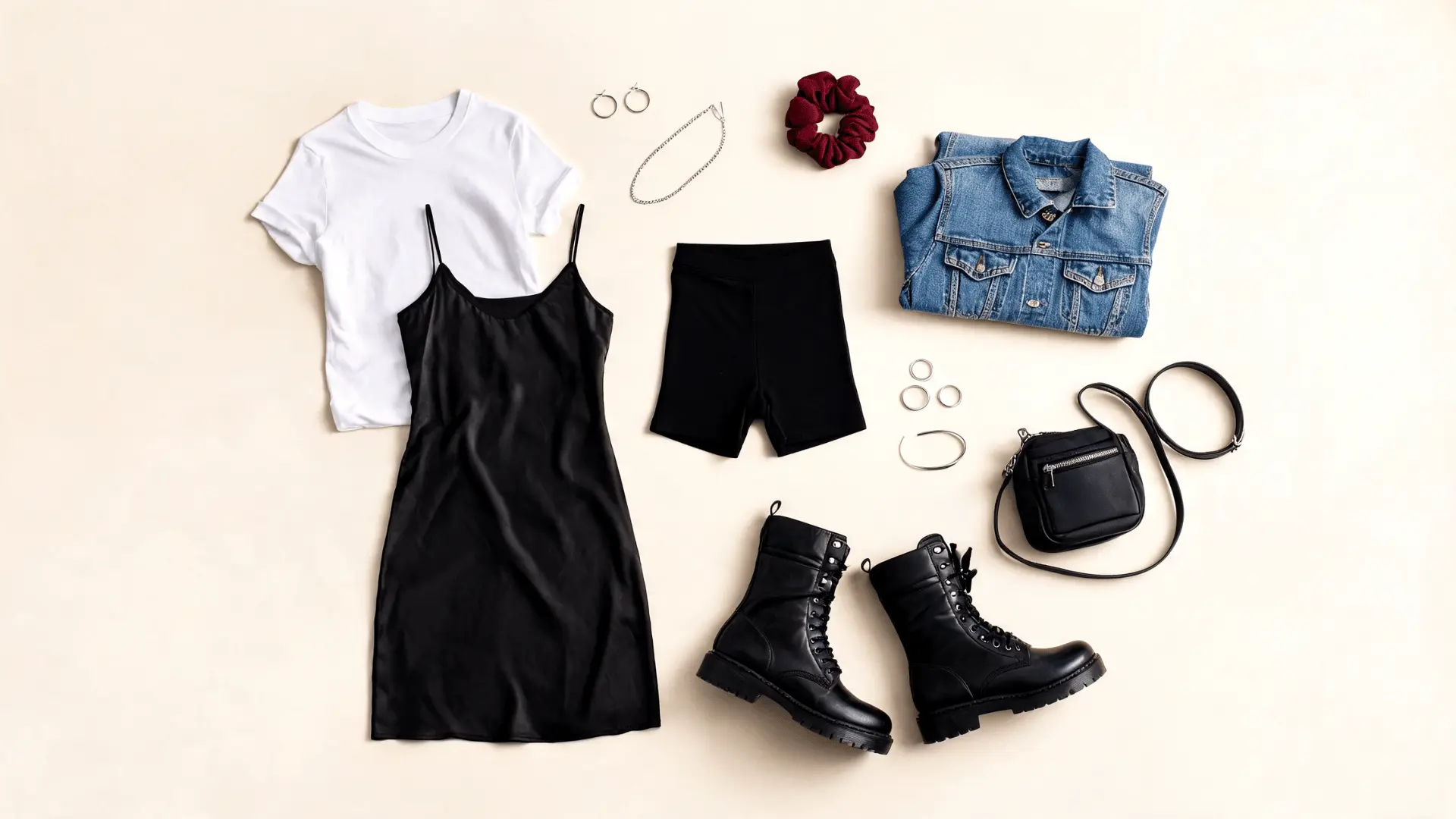 fitted tee layered slip dress shorts combat boots and crossbody bag arranged in a flat lay concert outfit board