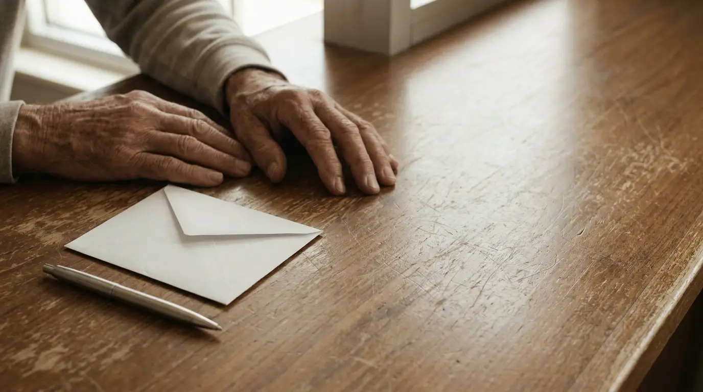 Hands resting on wooden table beside a closed envelope and pen in soft natural light