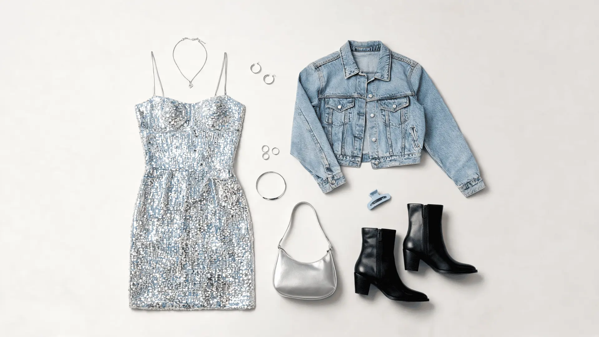 silver sequin mini dress black ankle boots cropped denim jacket and silver bag in a flat lay concert outfit board