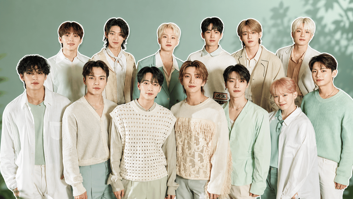 SEVENTEEN members posing in pastel outfits against a soft green backdropSEVENTEEN members posing in pastel outfits against a soft green backdrop