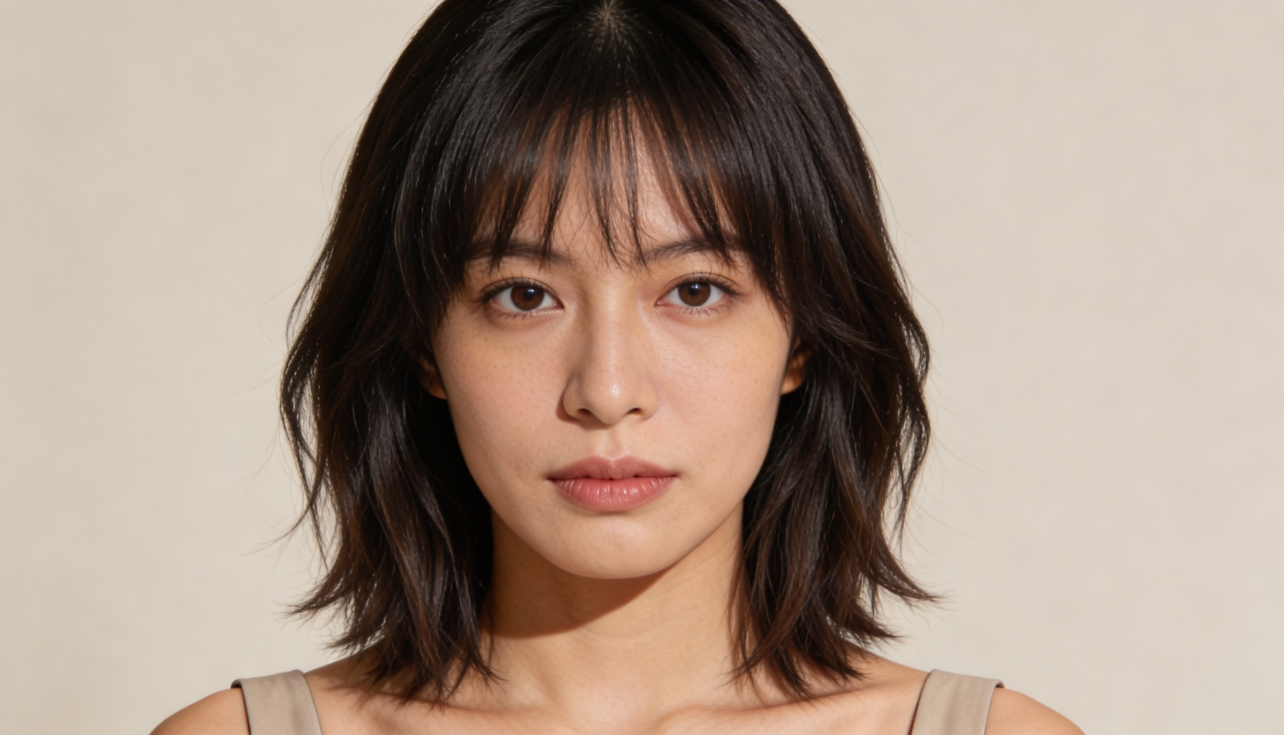 a medium shag haircut featuring evenly spread layers and relaxed texture balancing a heart-shaped face.