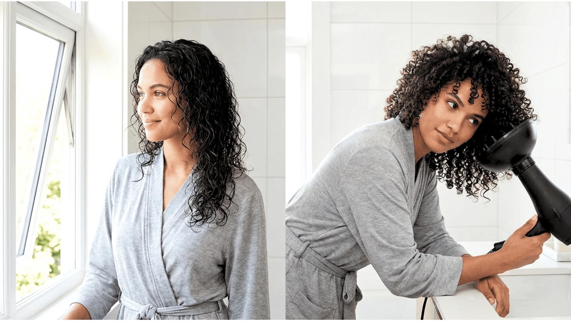side by side comparison of naturally air dried curls and curls dried with a bowl diffuser