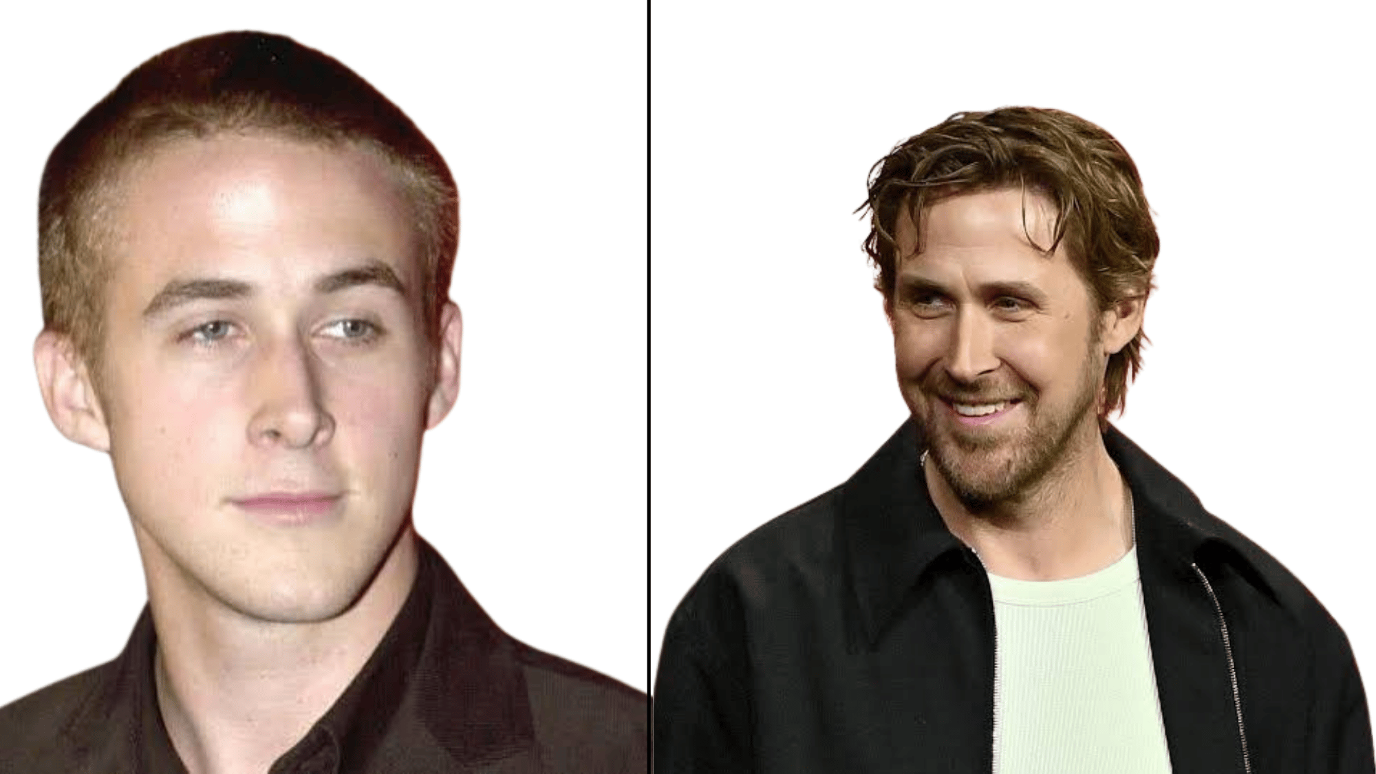 Side-by-side photos compare Ryan Gosling's younger and recent appearance over the years