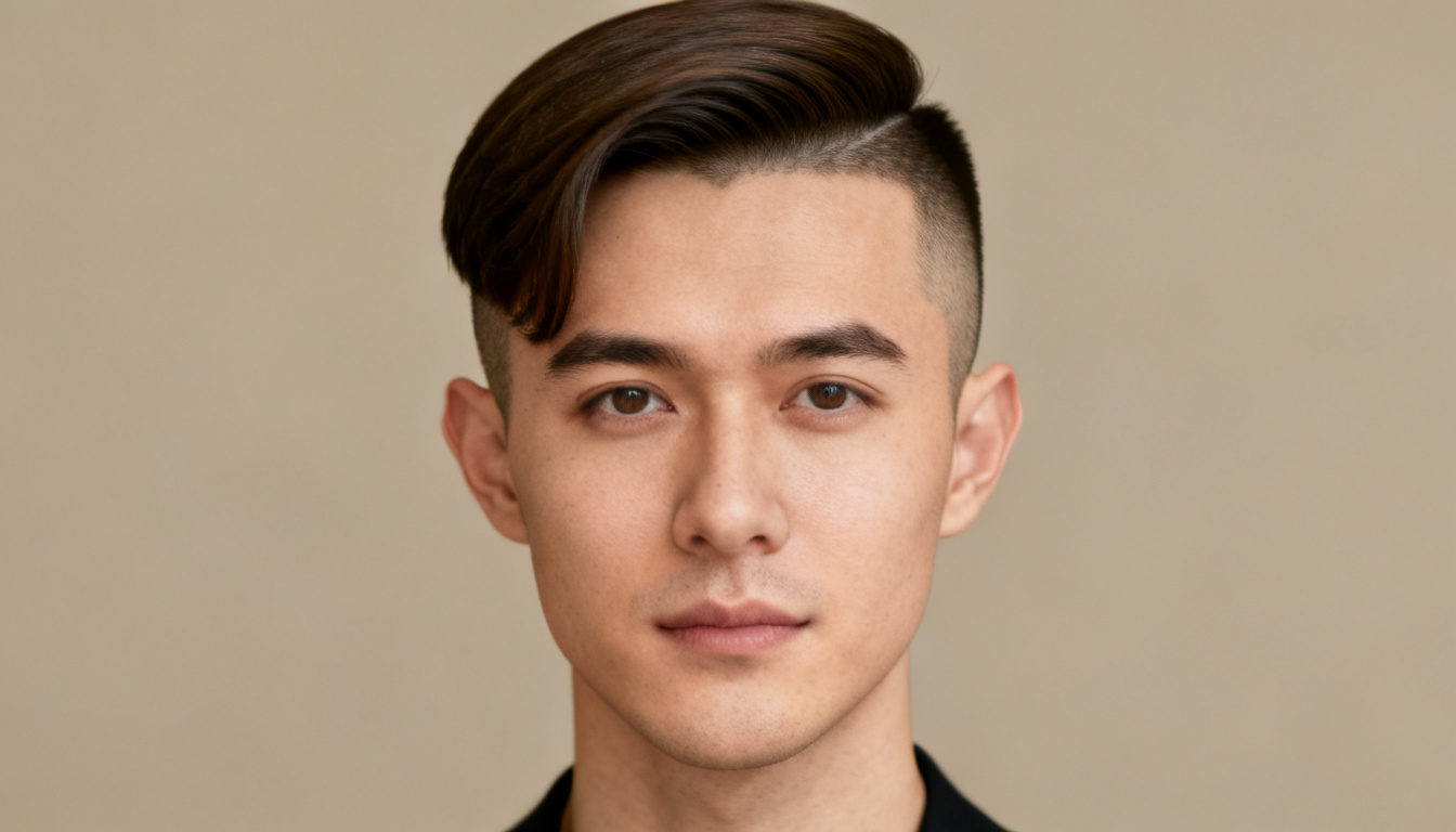 Man with side-swept undercut, shaved sides and textured top swept to one side in a bold, modern passport-style portrait.