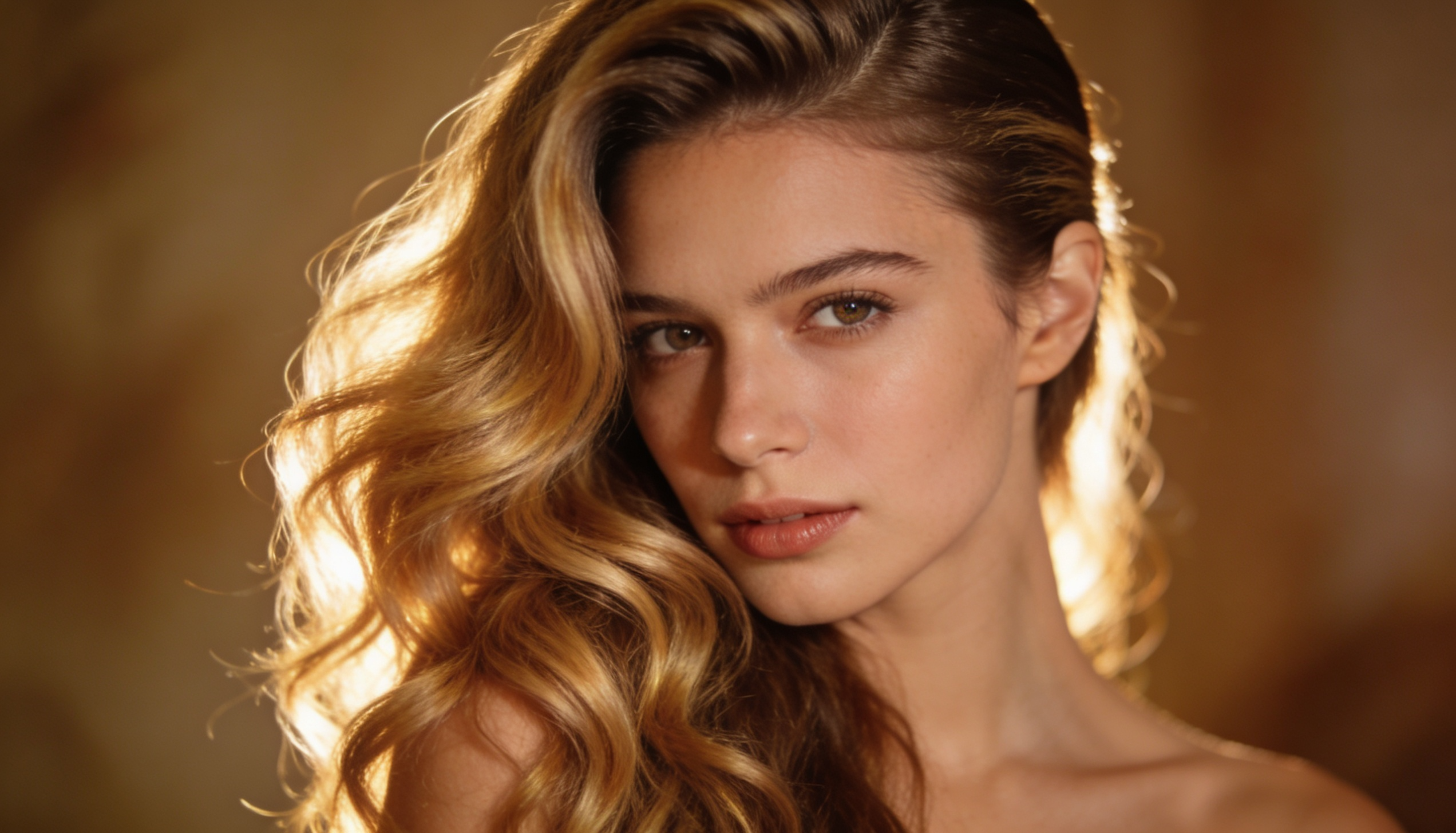 Woman with a heart-shaped face and long straight hair styled in a deep side part.