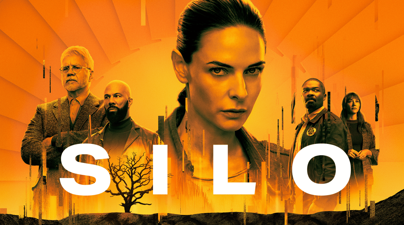 Promotional poster for the series Silo featuring the cast in an intense orange hue.