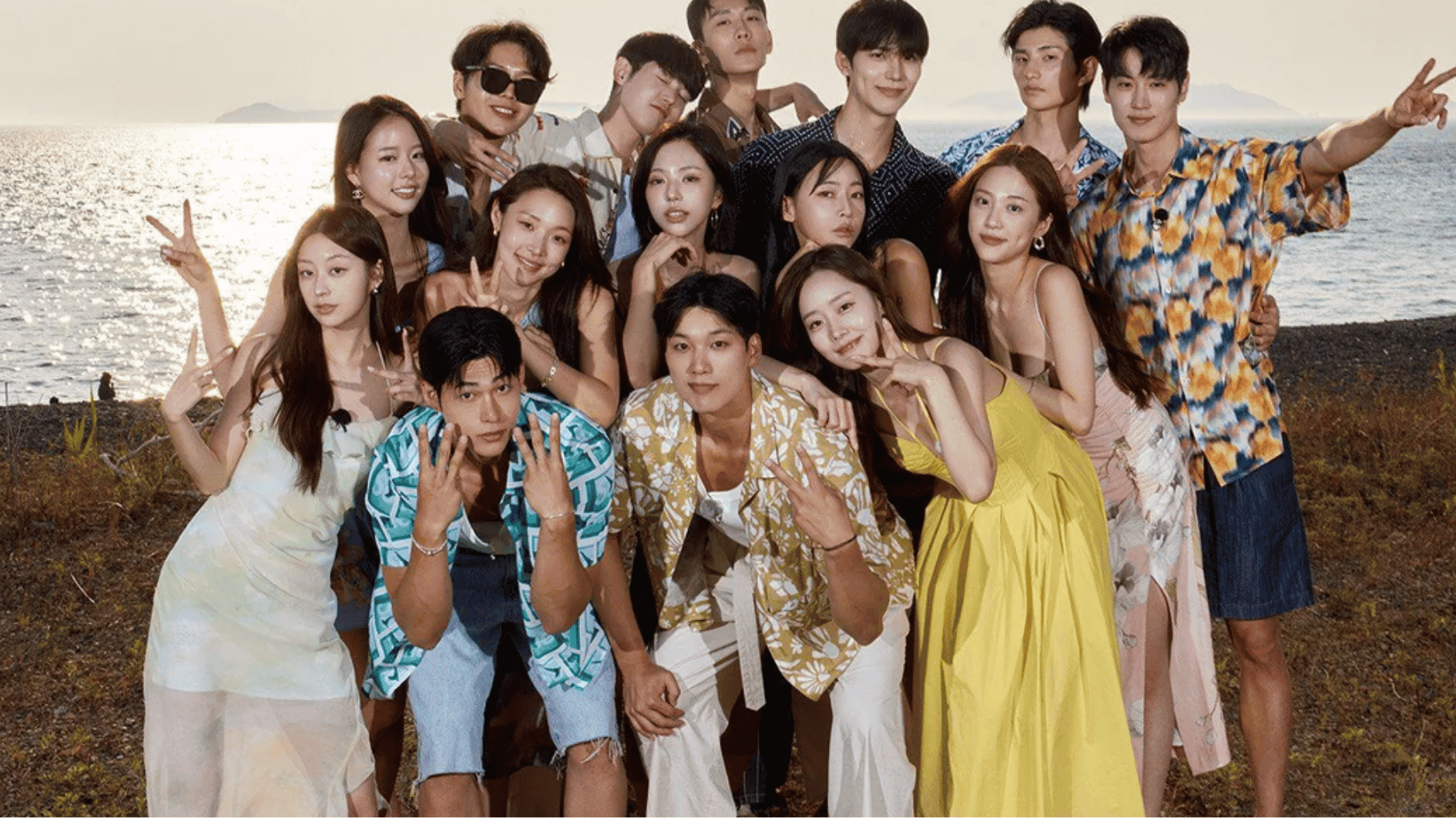 singles inferno season 5 cast posing together on inferno island after filming the netflix korean dating reality show