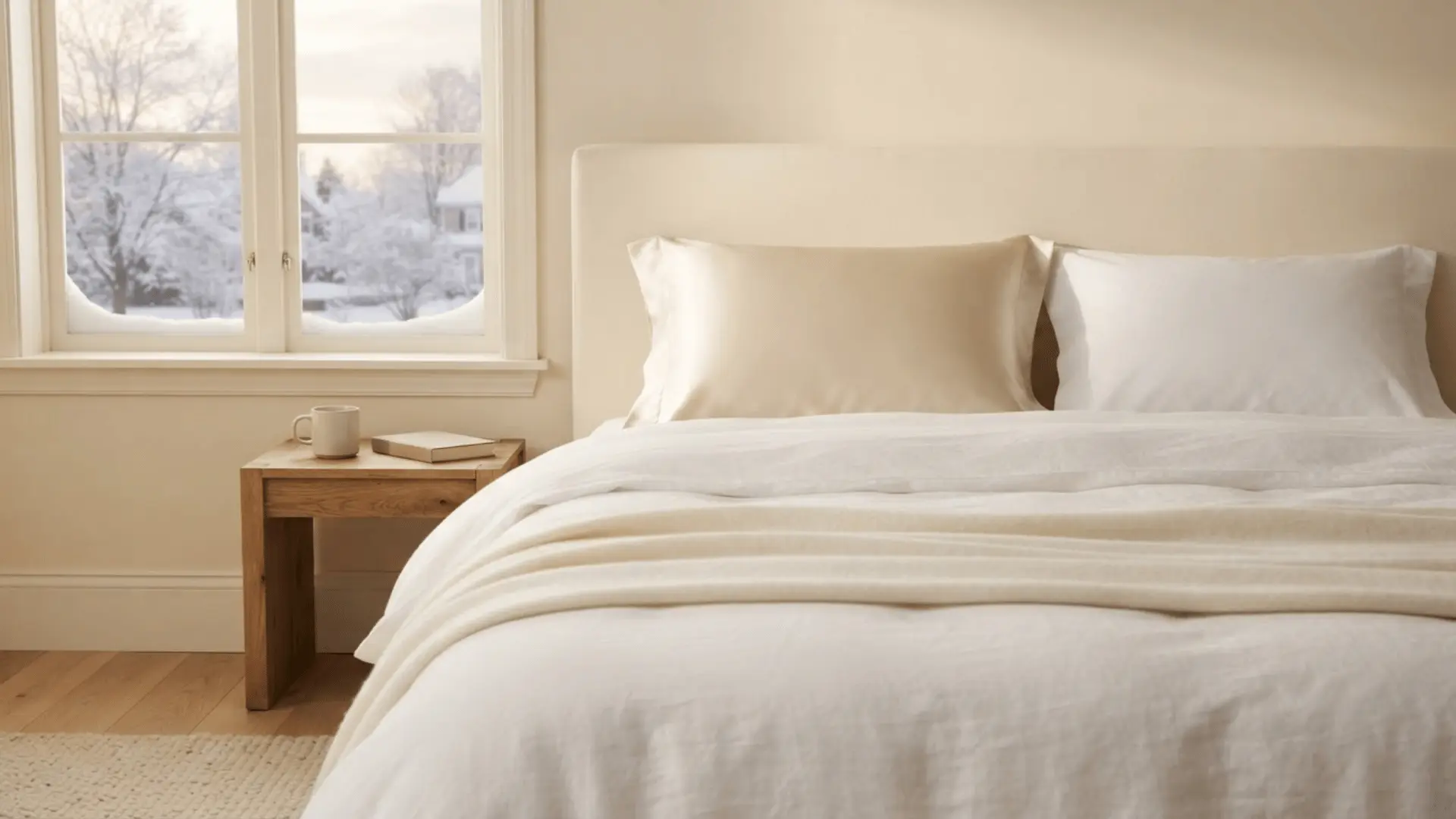 bright bedroom with a neatly made white bed wooden bedside table and snowy trees visible through the window