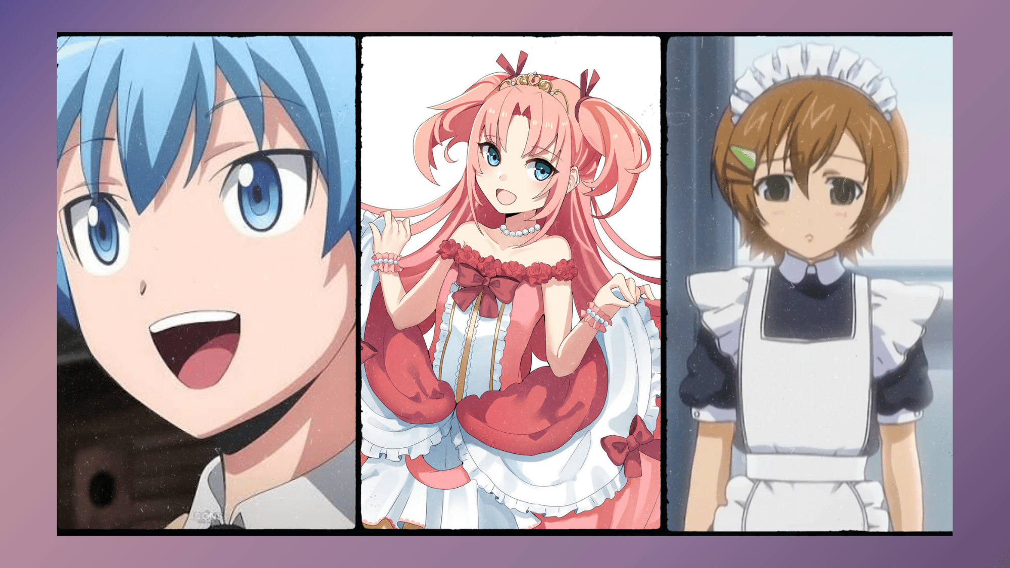 School and slice-of-life <echighlighted>anime femboy</echighlighted> characters including Nagisa, Hideri, and Hideyoshi in a collage.