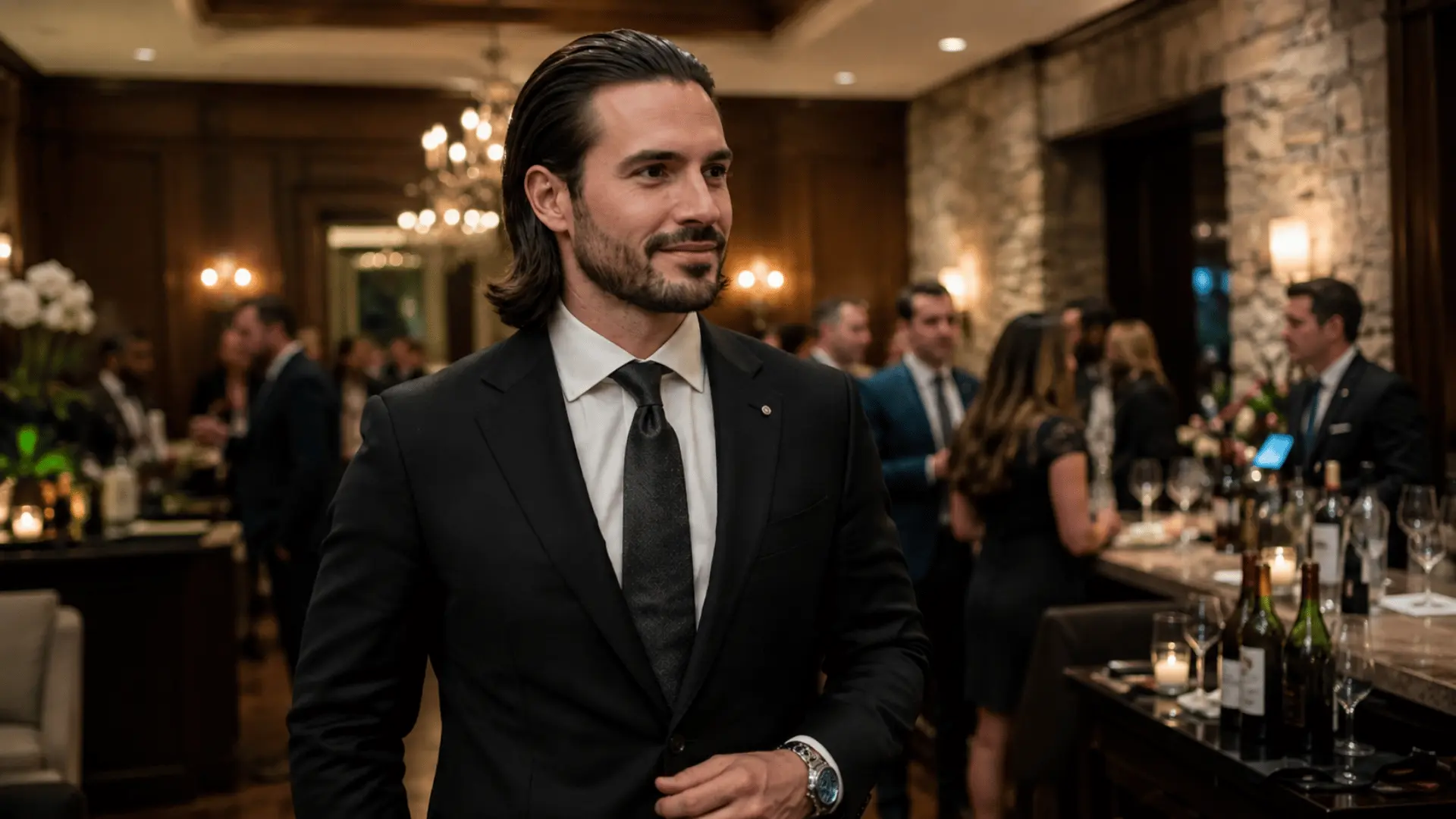 well dressed man with slicked back hair stands at an elegant reception while guests mingle near a bar